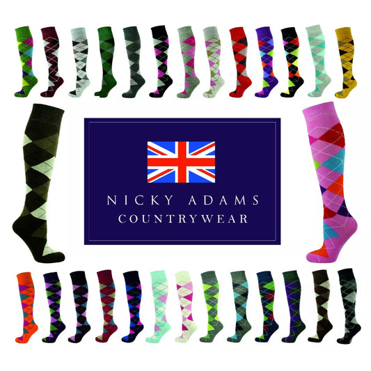 Colorful knee-high equestrian riding socks by Nicky Adams Countrywear – assorted argyle patterns, ideal for horse riding, country sports, and casual wear