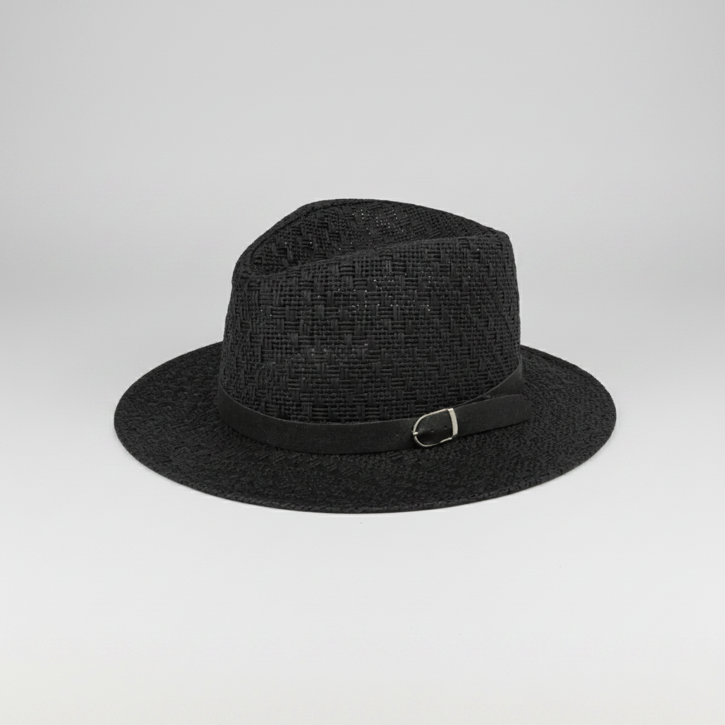 Men’s woven straw fedora hat with a black buckle band, lightweight breathable design, and wide brim, shown on a light grey studio background.