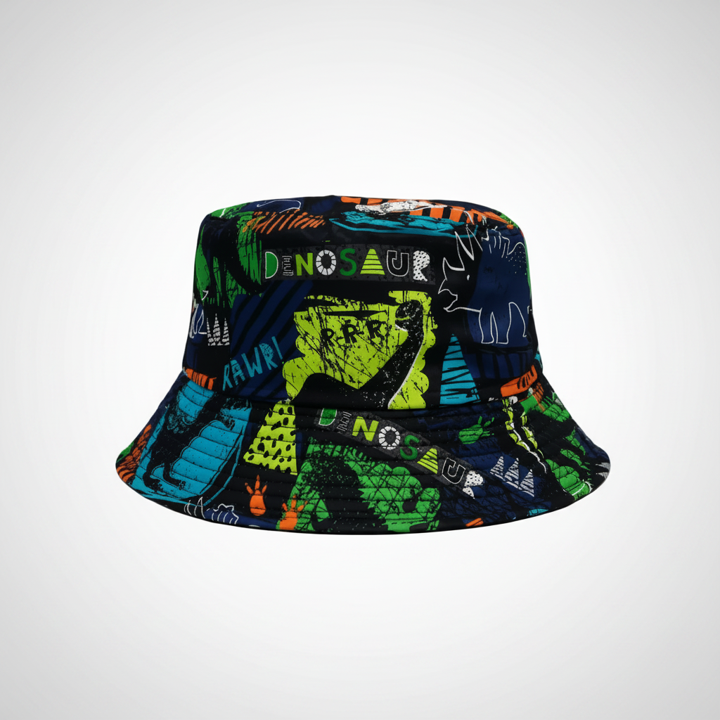 Dinosaur Bucket Hat – Colourful dinosaur print festival bucket hat with vibrant blue, green and orange graphics.