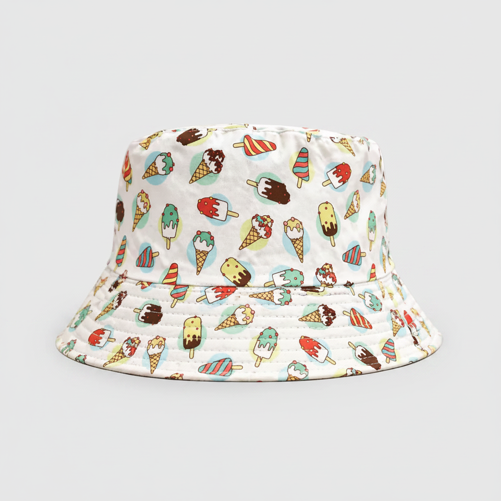 Ice Cream Bucket Hat – White bucket hat with playful ice cream and popsicle print design.