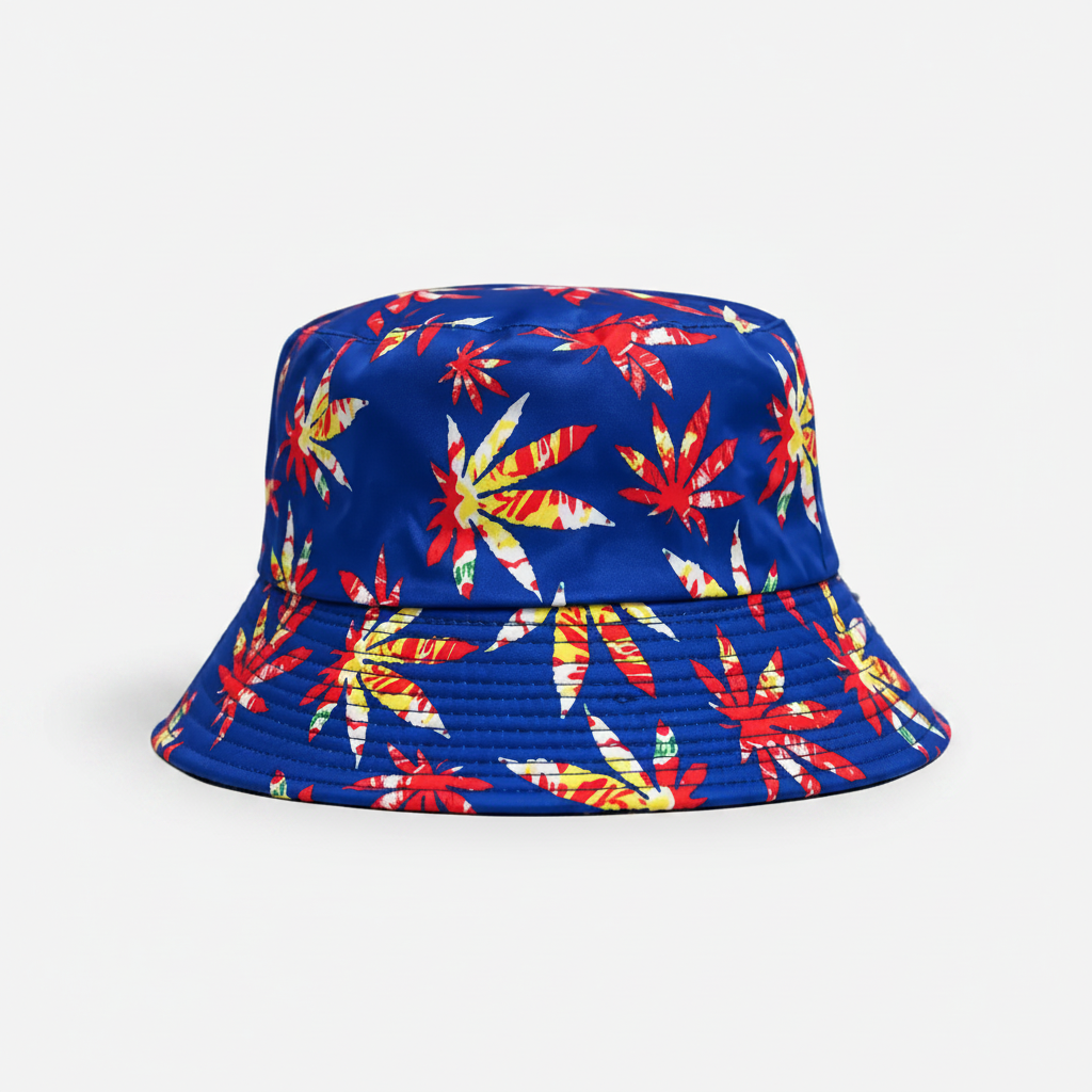 Leaf Bucket Hat – Blue festival bucket hat with colourful tropical leaf print pattern.