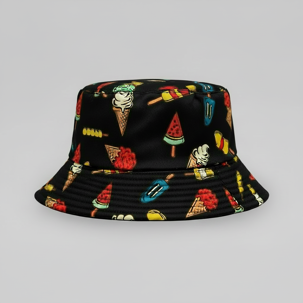 Lolly Pop Bucket Hat – Black bucket hat featuring colourful ice cream, popsicle and watermelon illustrations.
