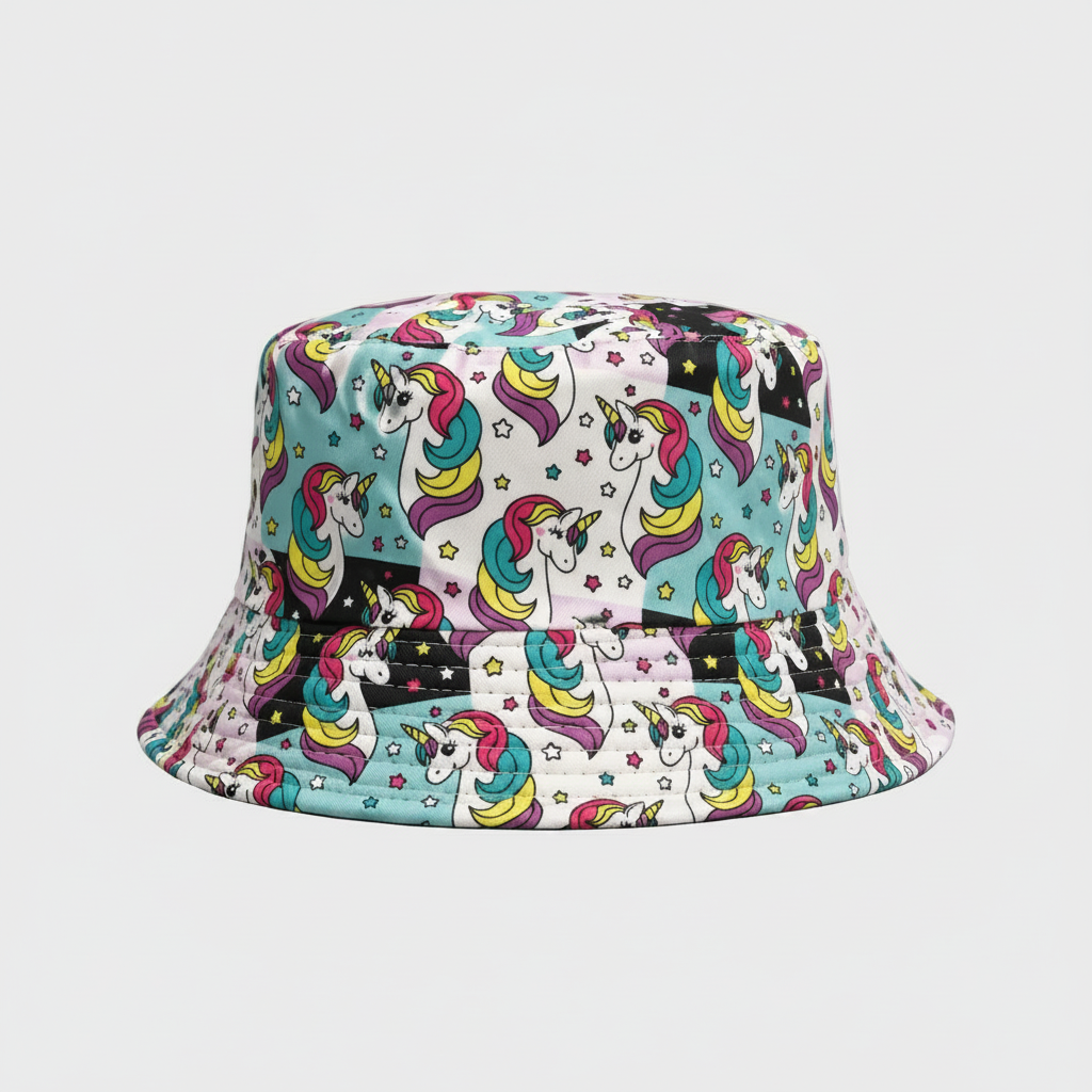 Multi Unicorn Bucket Hat – Pastel patchwork bucket hat with unicorns, stars and rainbow motifs.
