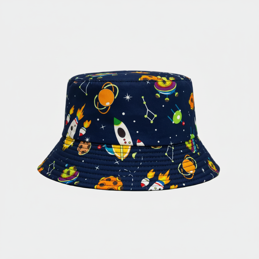 Space Bucket Hat – Navy blue space-themed bucket hat featuring rockets, planets and UFO illustrations.