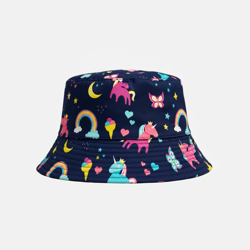 Unicorn Bucket Hat – Navy blue bucket hat with unicorns, rainbows, stars and hearts design.