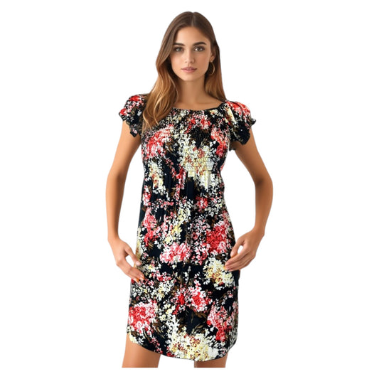 Women's black and pink tropical print summer dress with flutter sleeves – lightweight casual beachwear outfit