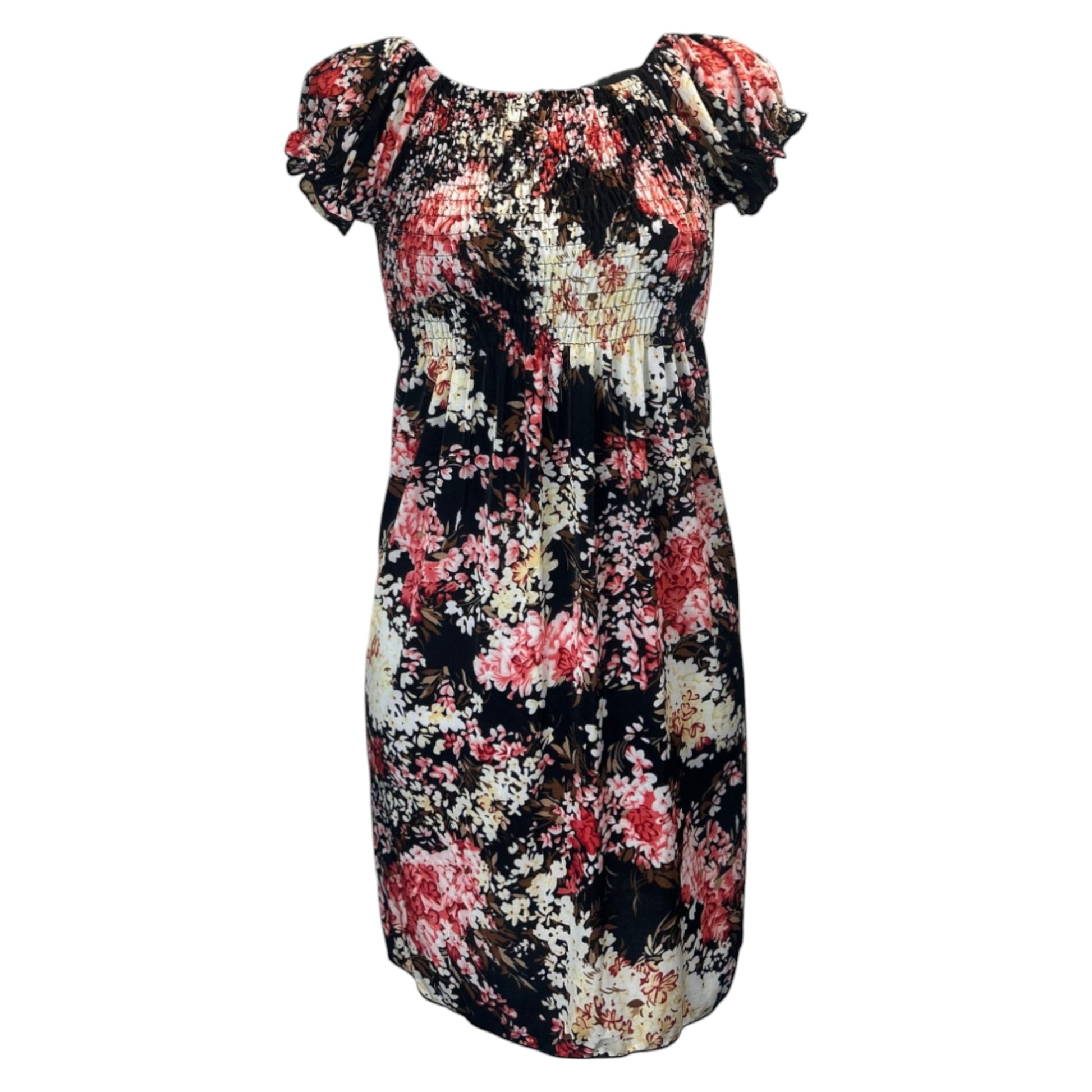 Women's black and pink tropical print summer dress with flutter sleeves – lightweight casual beachwear outfit