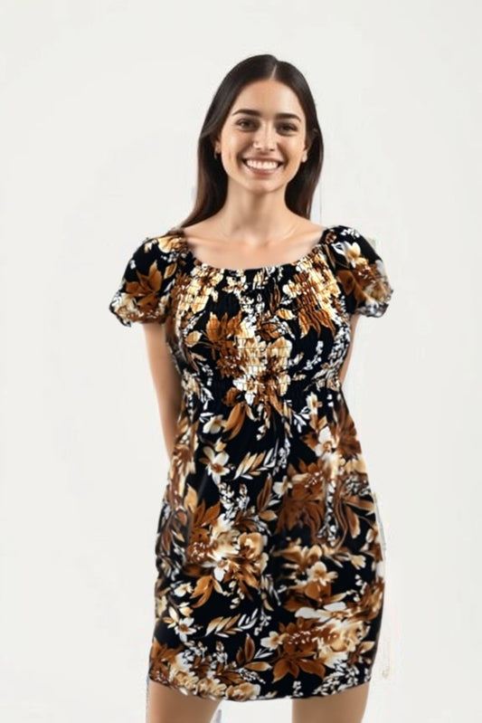 Women's black and tan tropical print summer dress with flutter sleeves – lightweight casual beachwear outfit