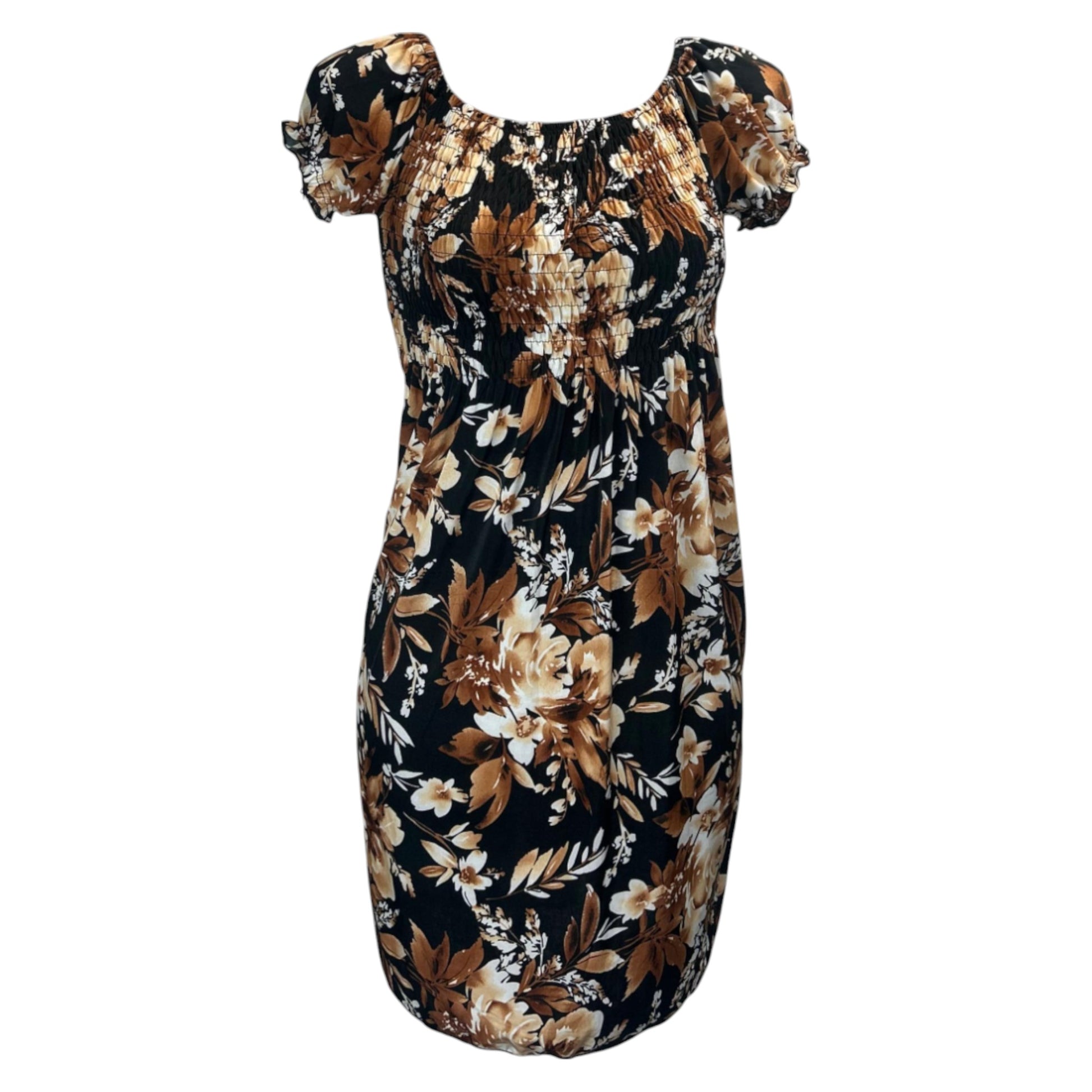 Women's black and tan tropical print summer dress with flutter sleeves – lightweight casual beachwear outfit
