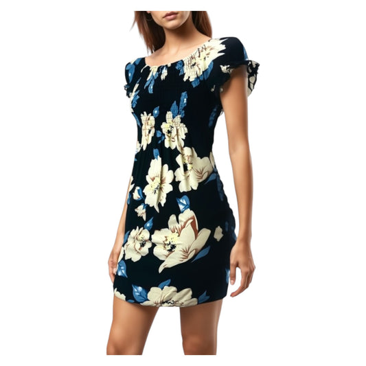 Women's black and white tropical print summer dress with flutter sleeves – lightweight casual beachwear outfit