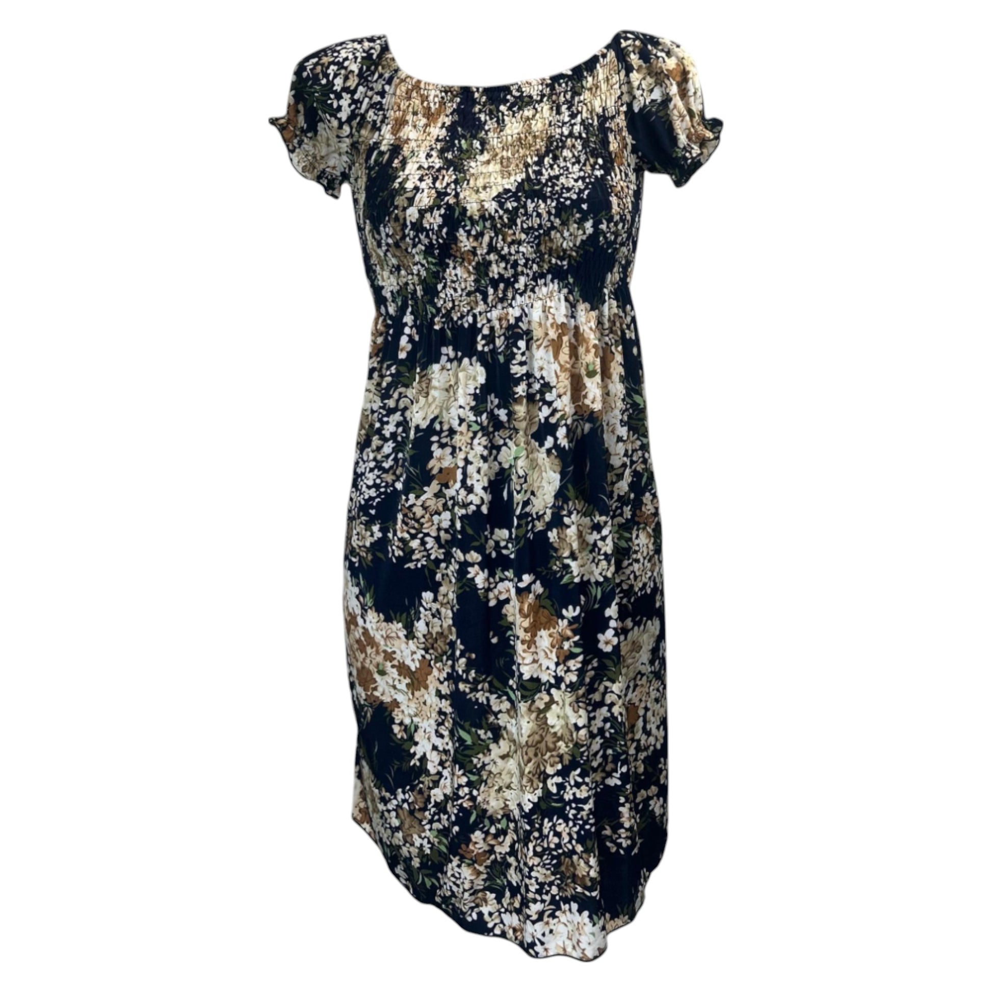 Women's navy and beige tropical print summer dress with flutter sleeves – lightweight casual beachwear outfit