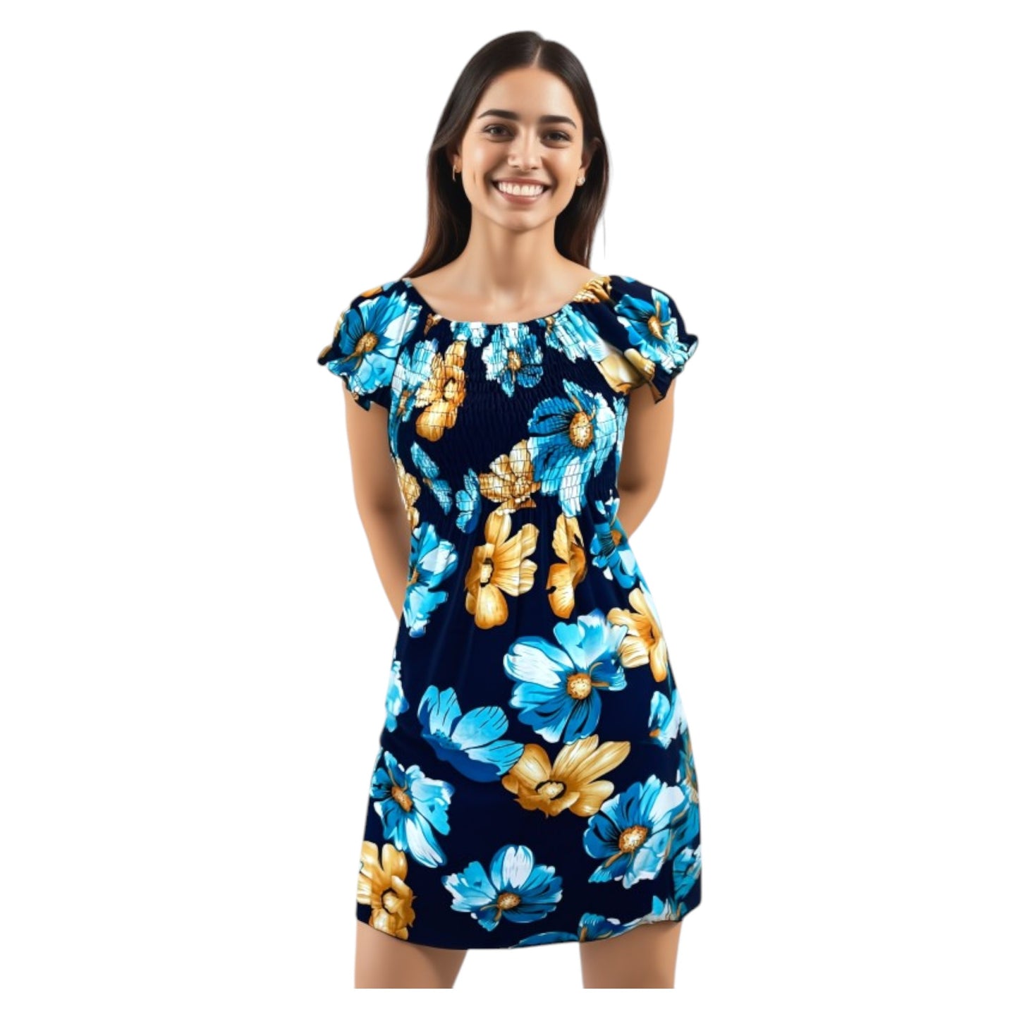Women's navy and turquoise tropical print summer dress with flutter sleeves – lightweight casual beachwear outfit