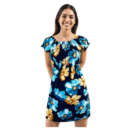 Women's navy and turquoise tropical print summer dress with flutter sleeves – lightweight casual beachwear outfit