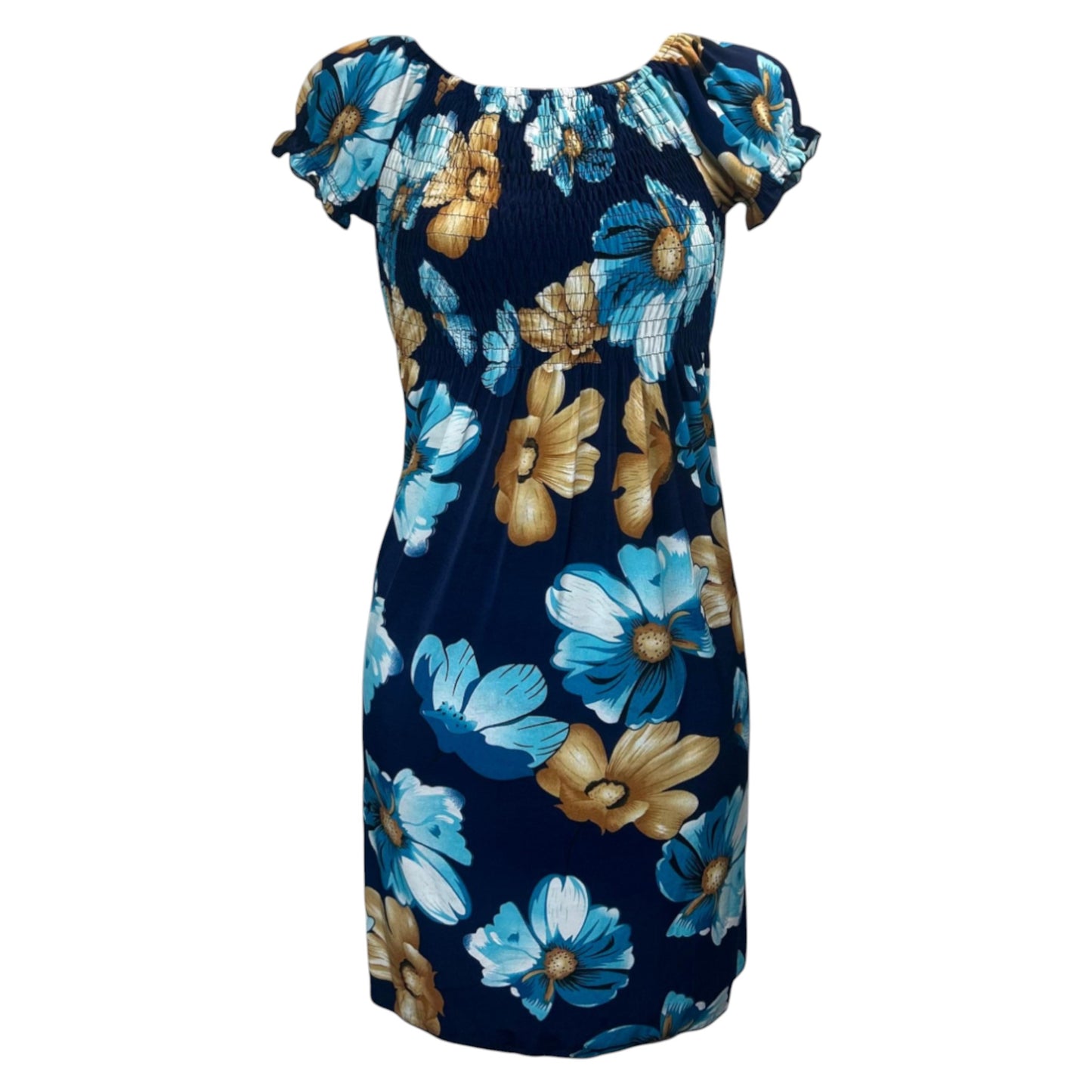 Women's navy and turquoise tropical print summer dress with flutter sleeves – lightweight casual beachwear outfit