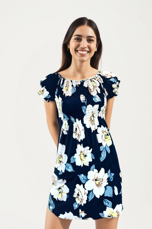 Women's navy and white tropical print summer dress with flutter sleeves – lightweight casual beachwear outfit