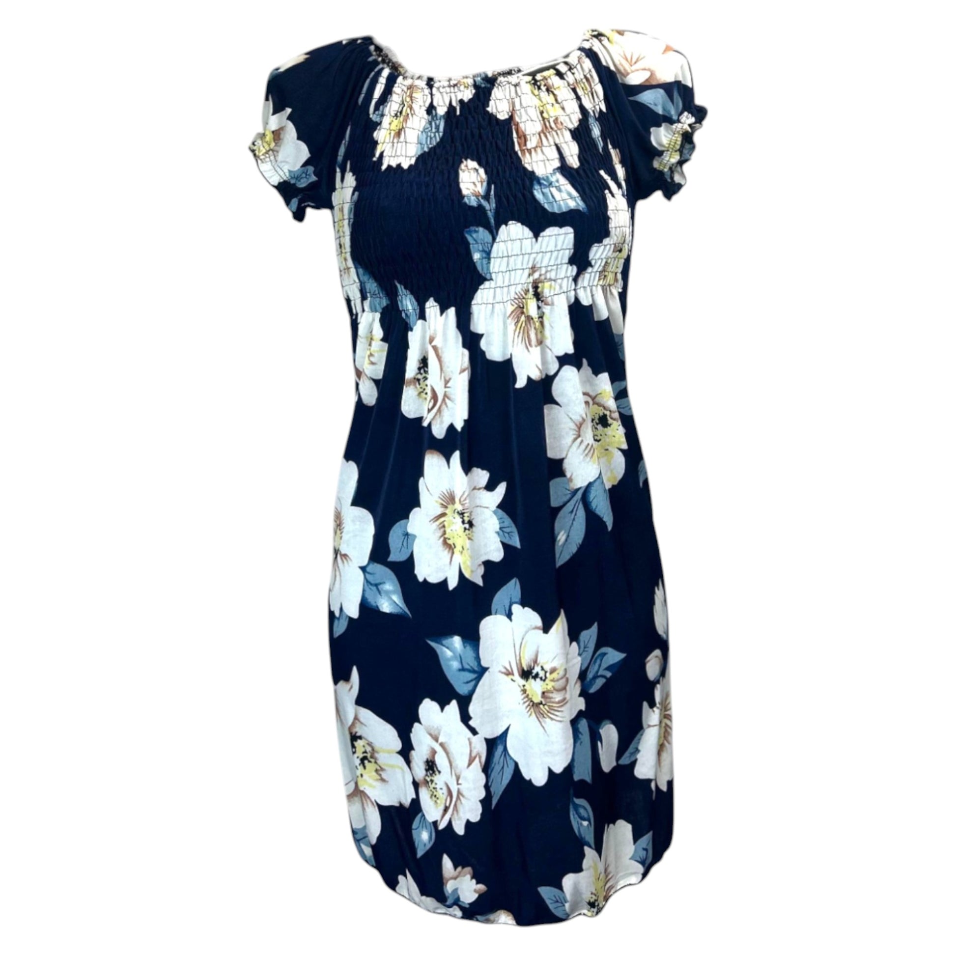 Women's navy and white tropical print summer dress with flutter sleeves – lightweight casual beachwear outfit