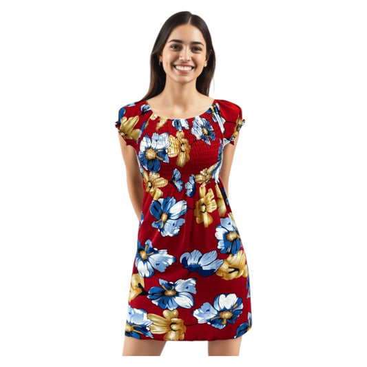 Women's red and blue tropical print summer dress with flutter sleeves – lightweight casual beachwear outfit