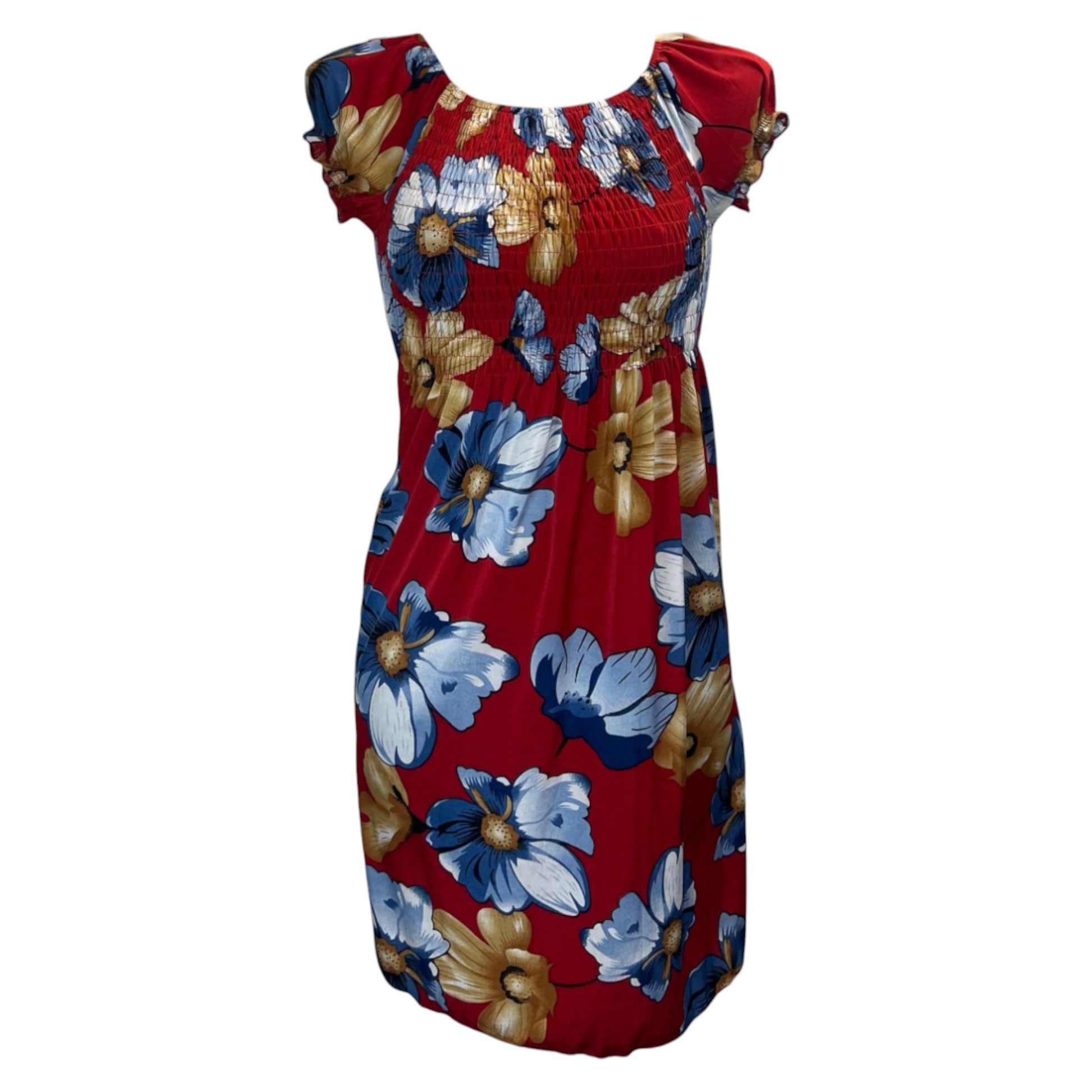 Women's red and blue tropical print summer dress with flutter sleeves – lightweight casual beachwear outfit
