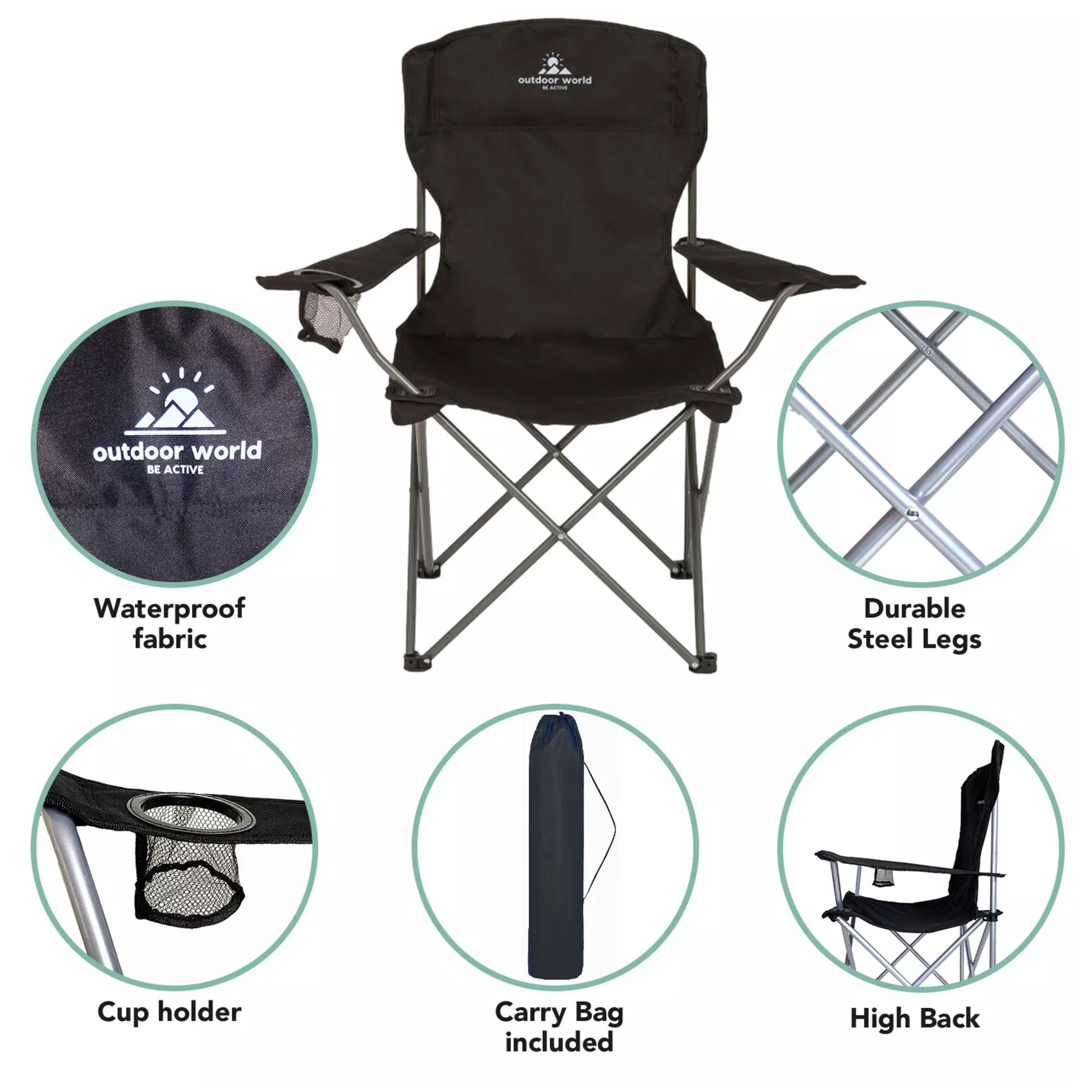 Black Outdoor World Folding Camping Chair with Cup Holder High Back Waterproof Fabric Durable Steel Legs and Carry Bag