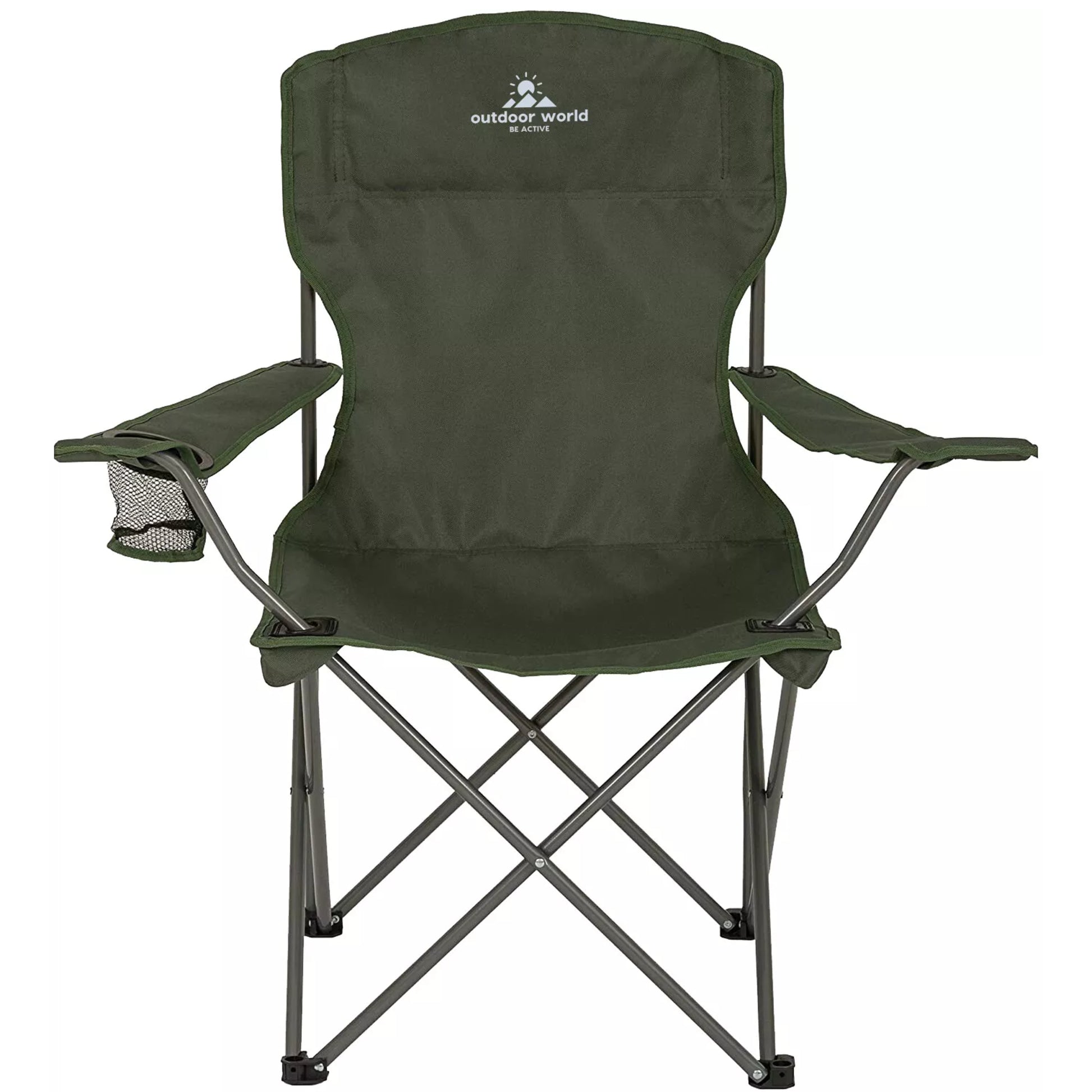 Olive Green Outdoor World Folding Camping Chair with Cup Holder High Back Waterproof Fabric Durable Steel Legs and Carry Bag