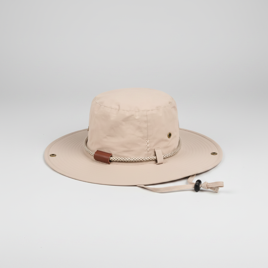 Crushable safari hat with wide brim and adjustable chin strap displayed on a light grey studio background. Lightweight foldable outdoor hat featuring breathable eyelets and rope band detail.