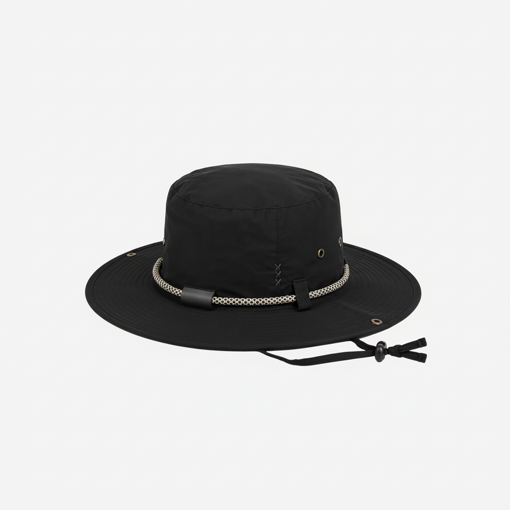 Crushable safari hat with wide brim and adjustable chin strap displayed on a light grey studio background. Lightweight foldable outdoor hat featuring breathable eyelets and rope band detail.