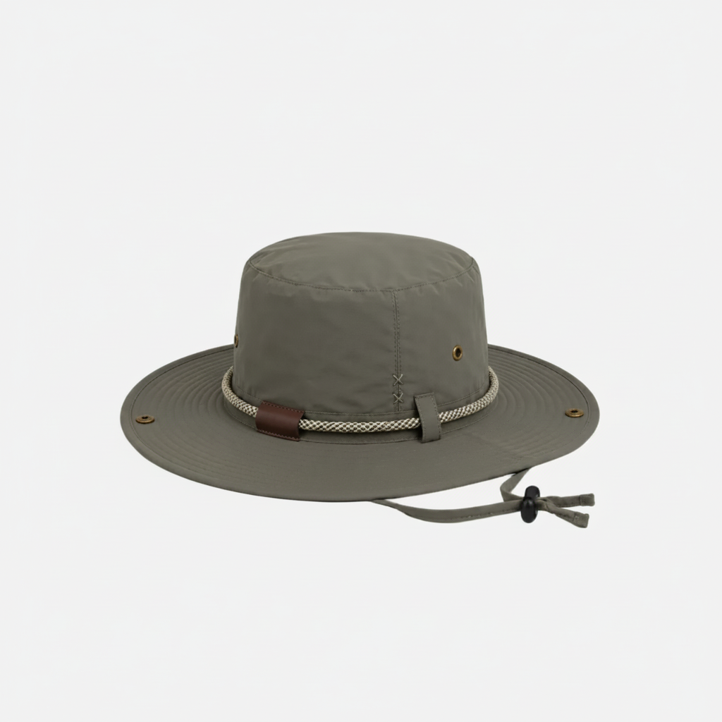 Crushable safari hat with wide brim and adjustable chin strap displayed on a light grey studio background. Lightweight foldable outdoor hat featuring breathable eyelets and rope band detail.