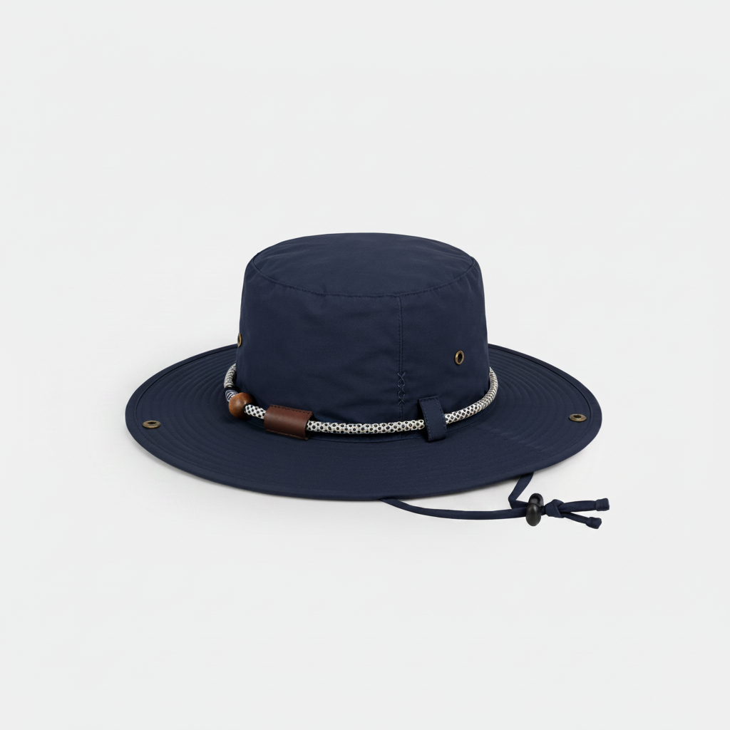 Crushable safari hat with wide brim and adjustable chin strap displayed on a light grey studio background. Lightweight foldable outdoor hat featuring breathable eyelets and rope band detail.