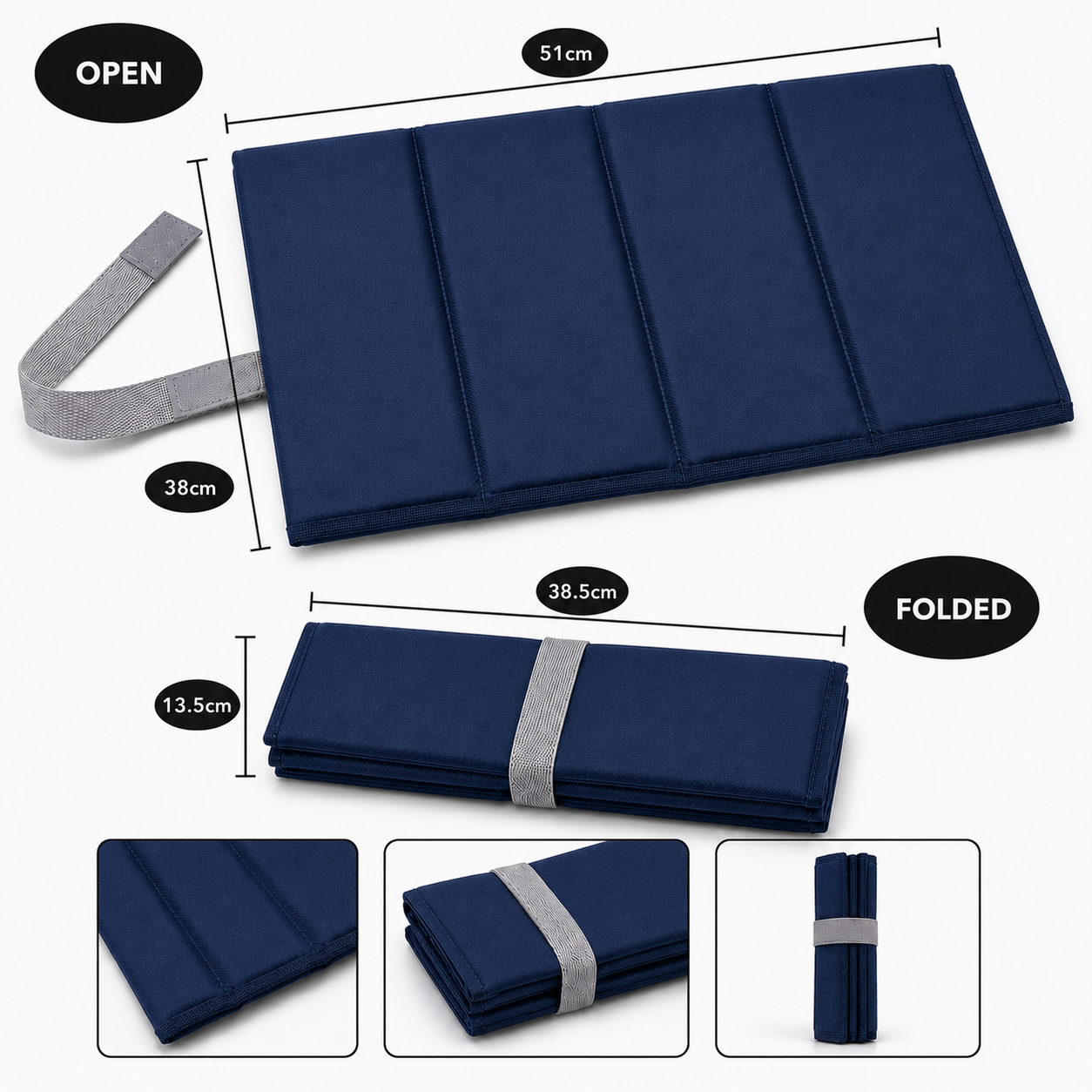 Navy Large Foldable waterproof camping sit mat with padded cushioning and an elastic carry strap for easy outdoor transport.