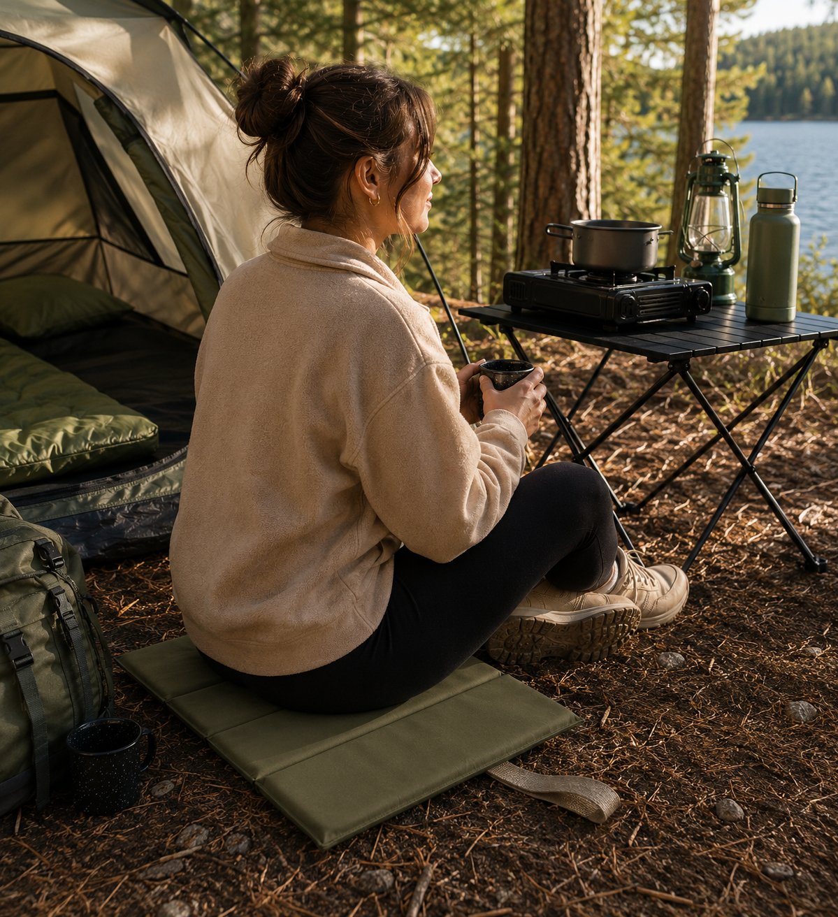 Olive Foldable waterproof camping sit mat with padded cushioning and an elastic carry strap for easy outdoor transport.