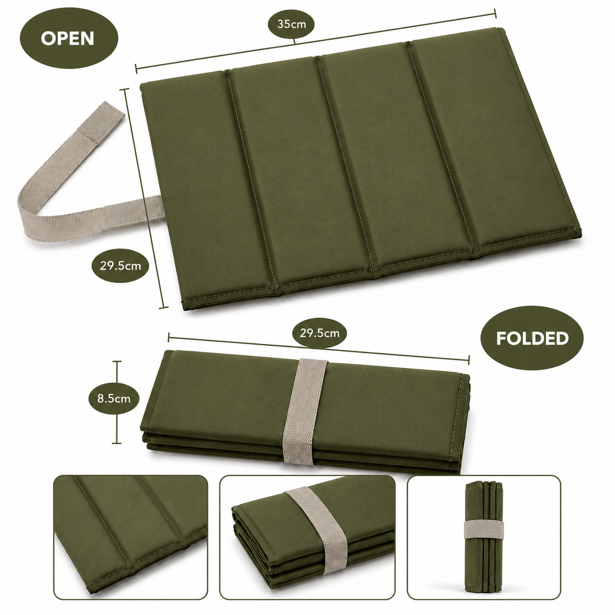 Olive Standard Foldable waterproof camping sit mat with padded cushioning and an elastic carry strap for easy outdoor transport.