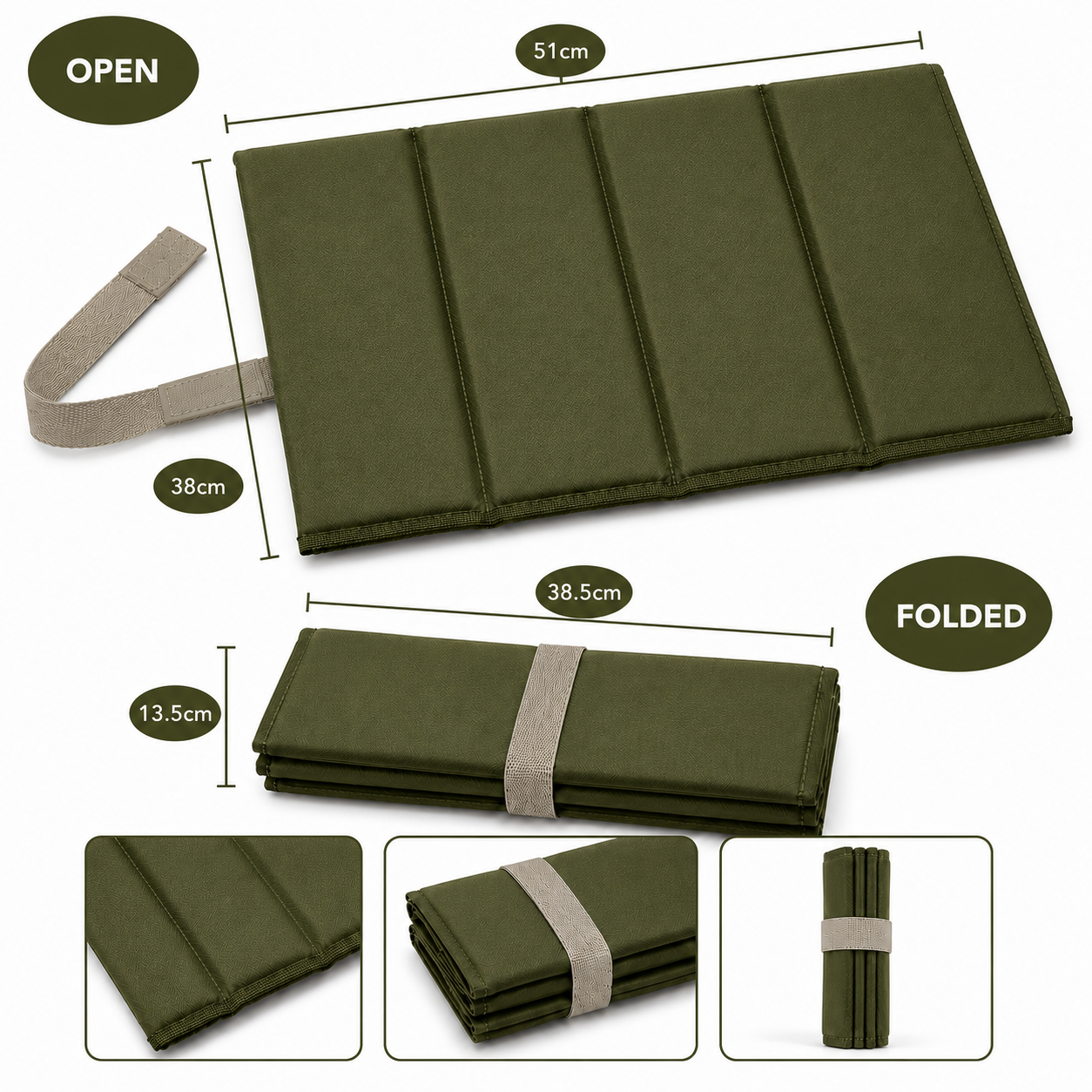 Olive Large Foldable waterproof camping sit mat with padded cushioning and an elastic carry strap for easy outdoor transport.