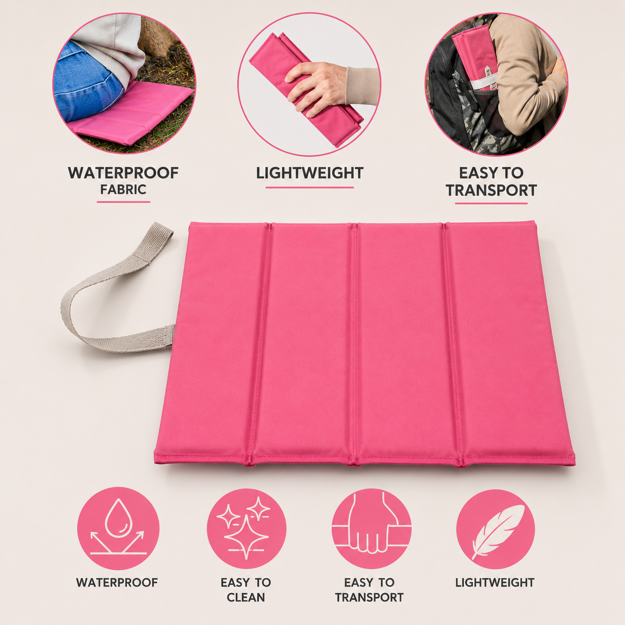 Pink Foldable waterproof camping sit mat with padded cushioning and an elastic carry strap for easy outdoor transport.