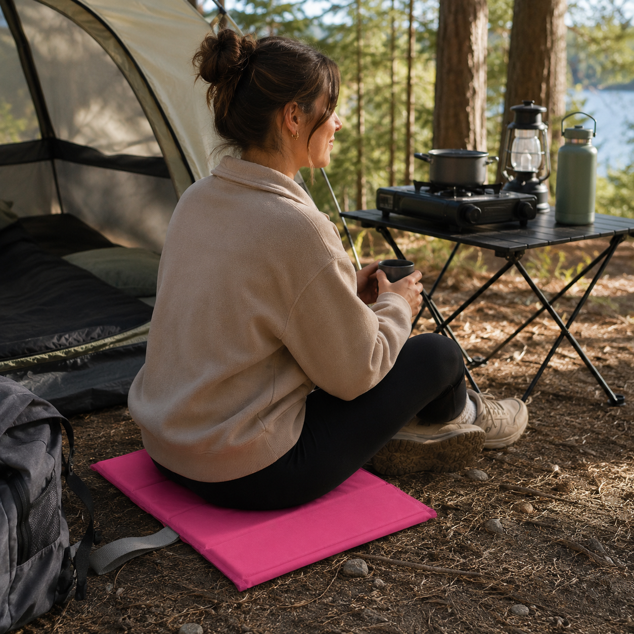 Pink Foldable waterproof camping sit mat with padded cushioning and an elastic carry strap for easy outdoor transport.