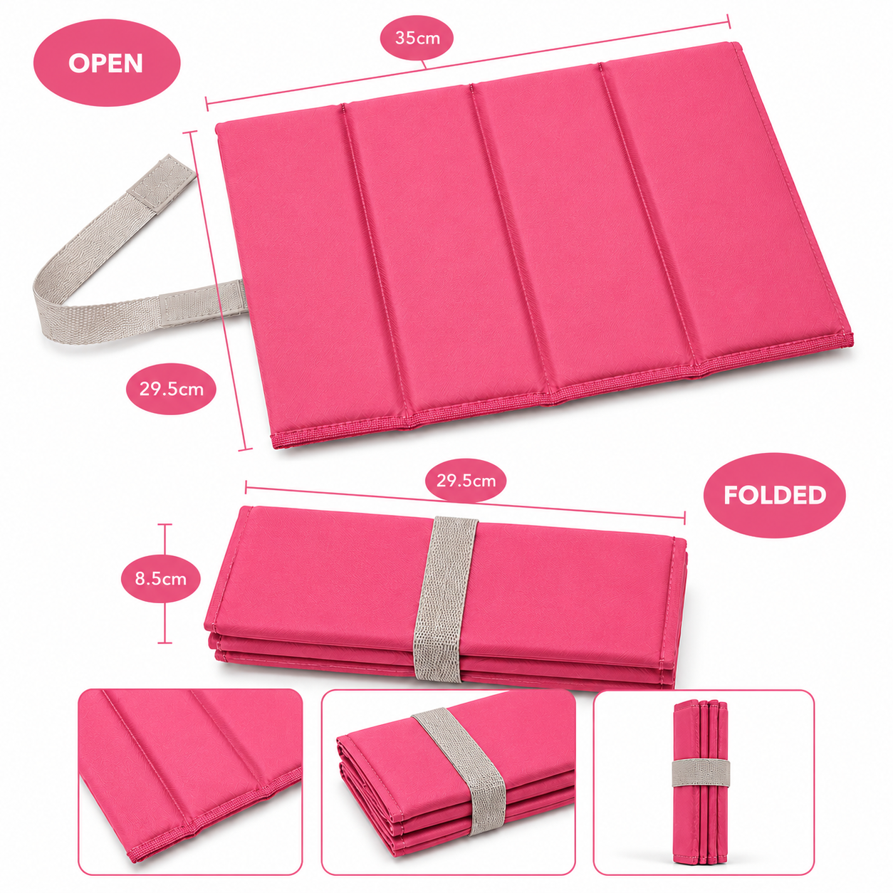Pink Standard Foldable waterproof camping sit mat with padded cushioning and an elastic carry strap for easy outdoor transport.