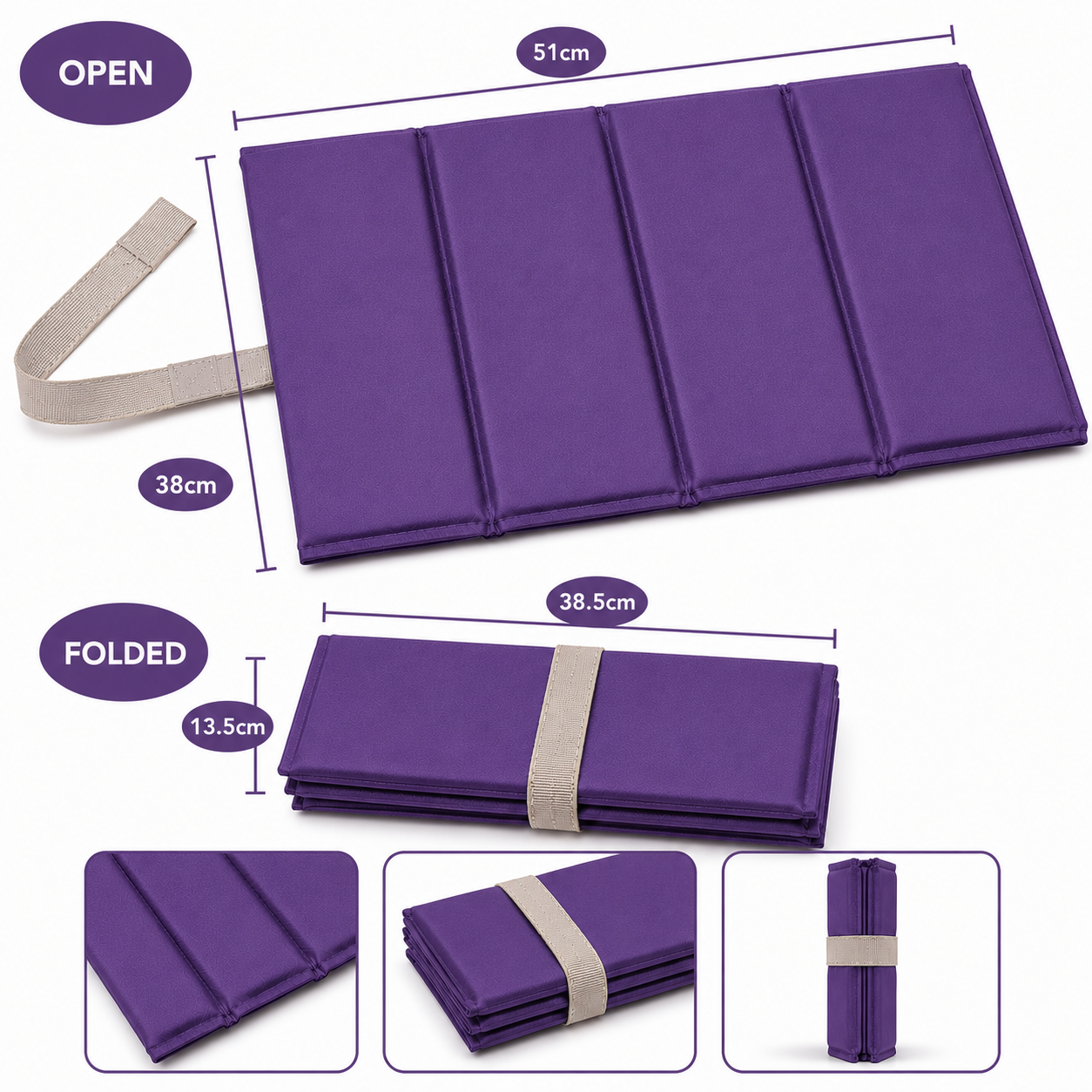 Purple Large Foldable waterproof camping sit mat with padded cushioning and an elastic carry strap for easy outdoor transport.