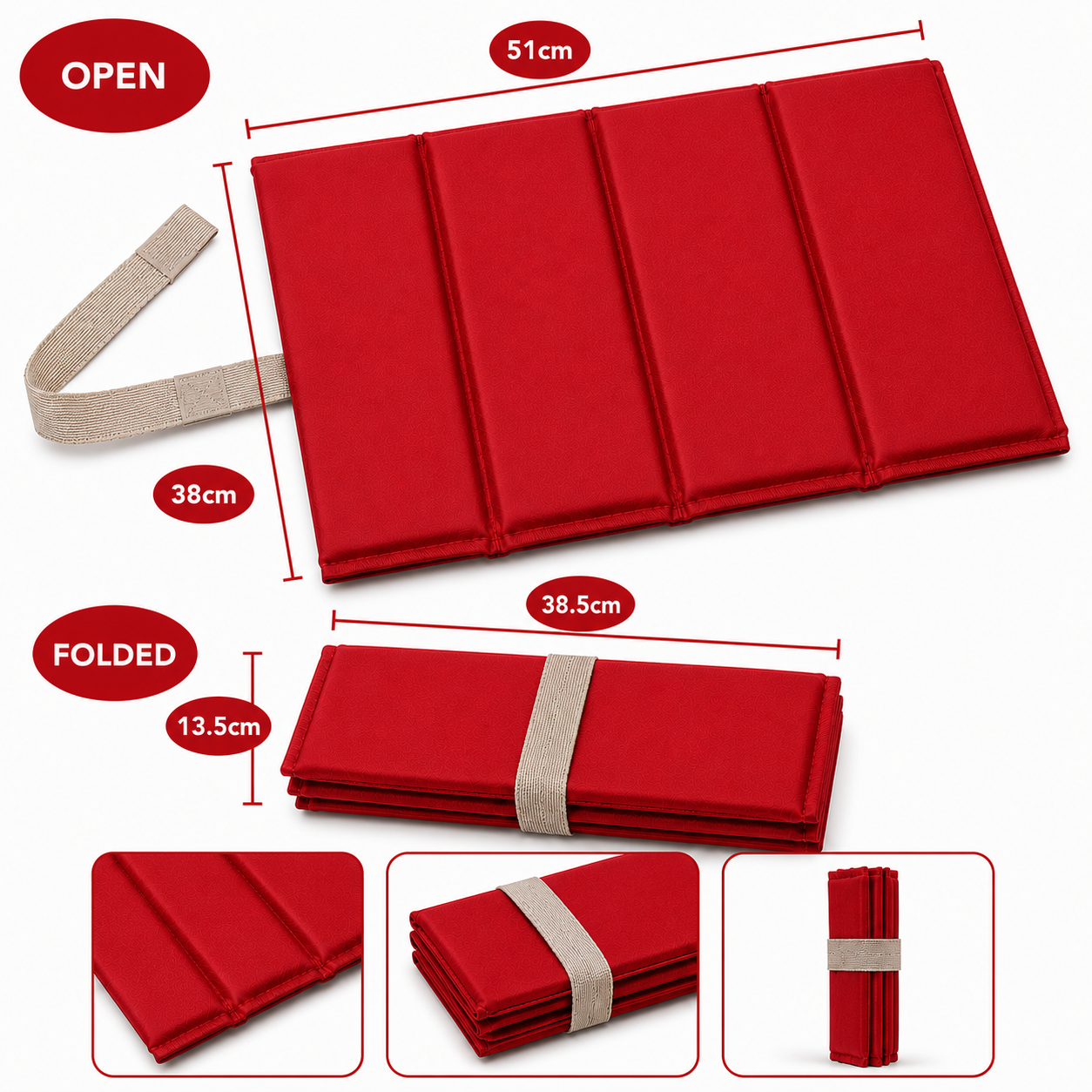 Red Large Foldable waterproof camping sit mat with padded cushioning and an elastic carry strap for easy outdoor transport.