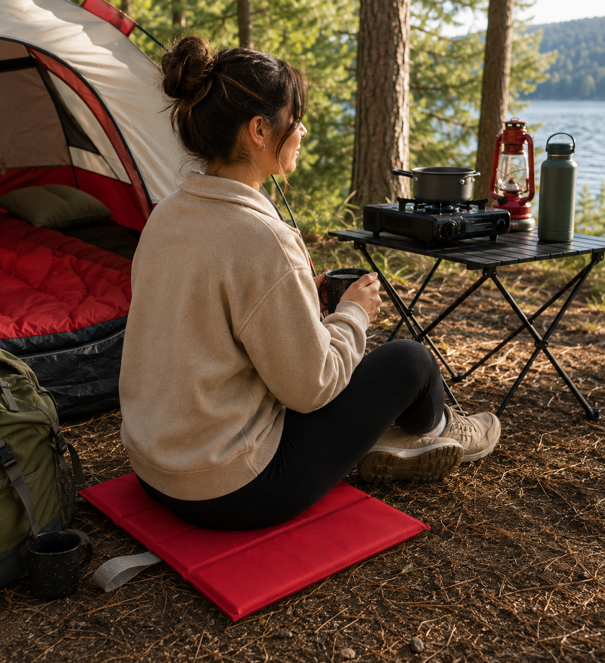 Red Foldable waterproof camping sit mat with padded cushioning and an elastic carry strap for easy outdoor transport.