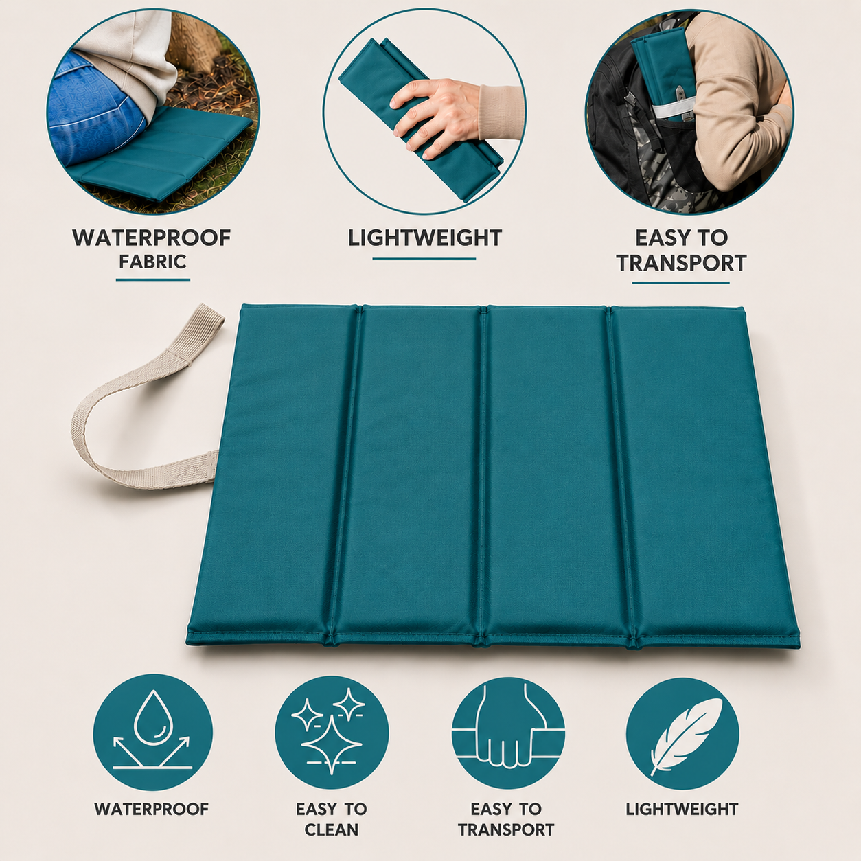 Teal Foldable waterproof camping sit mat with padded cushioning and an elastic carry strap for easy outdoor transport.