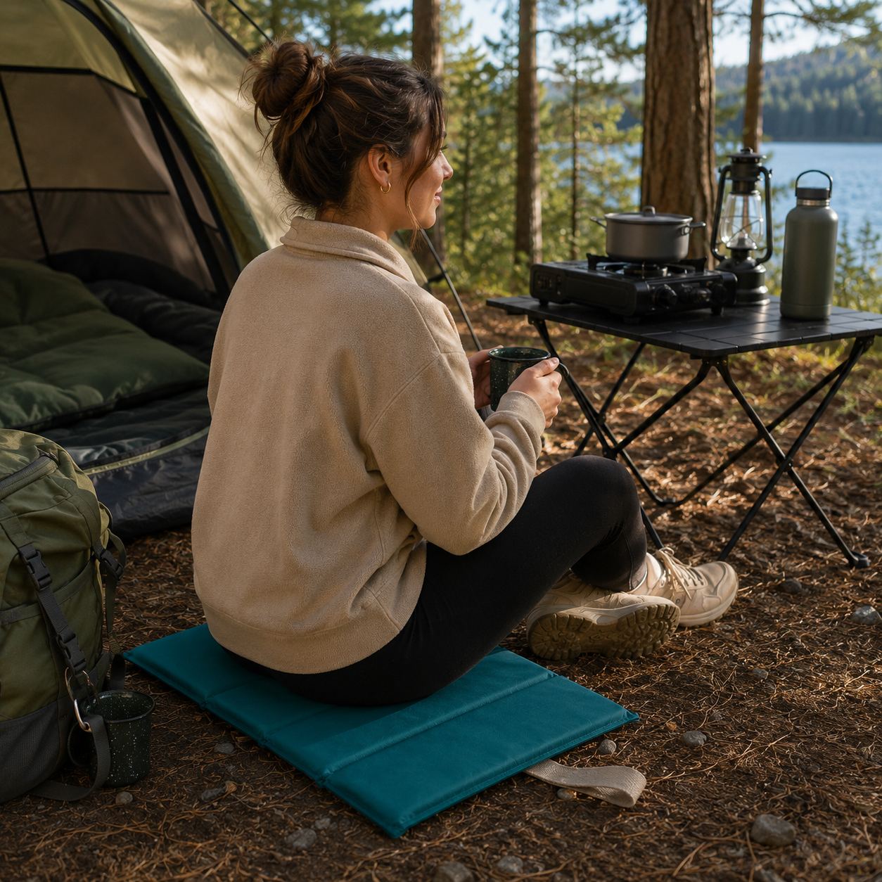 Teal Foldable waterproof camping sit mat with padded cushioning and an elastic carry strap for easy outdoor transport.