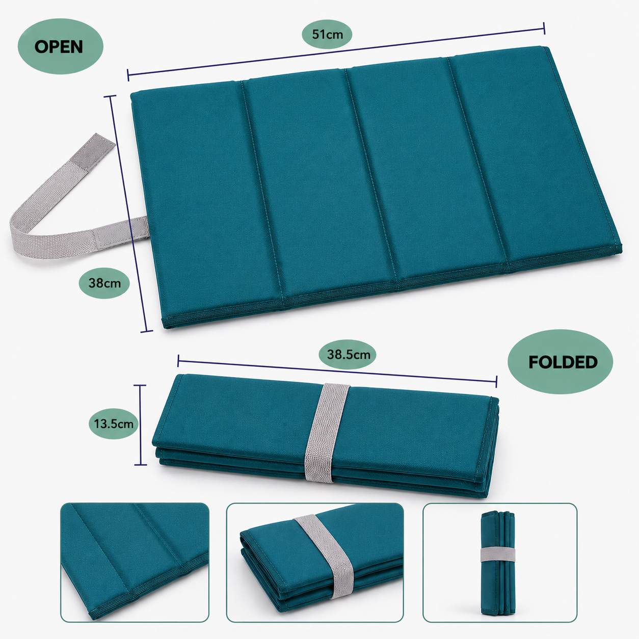 Teal Large Foldable waterproof camping sit mat with padded cushioning and an elastic carry strap for easy outdoor transport.