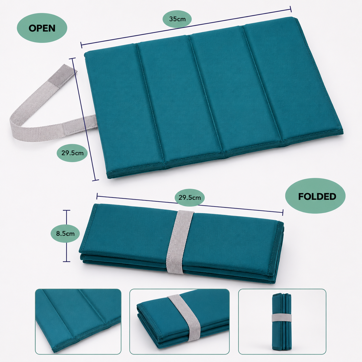 Teal Standard Foldable waterproof camping sit mat with padded cushioning and an elastic carry strap for easy outdoor transport.