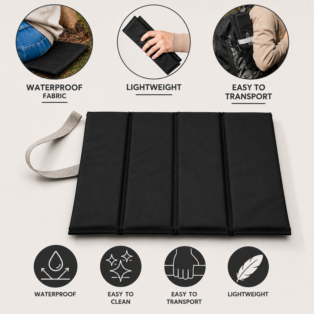 Black Foldable waterproof camping sit mat with padded cushioning and an elastic carry strap for easy outdoor transport.