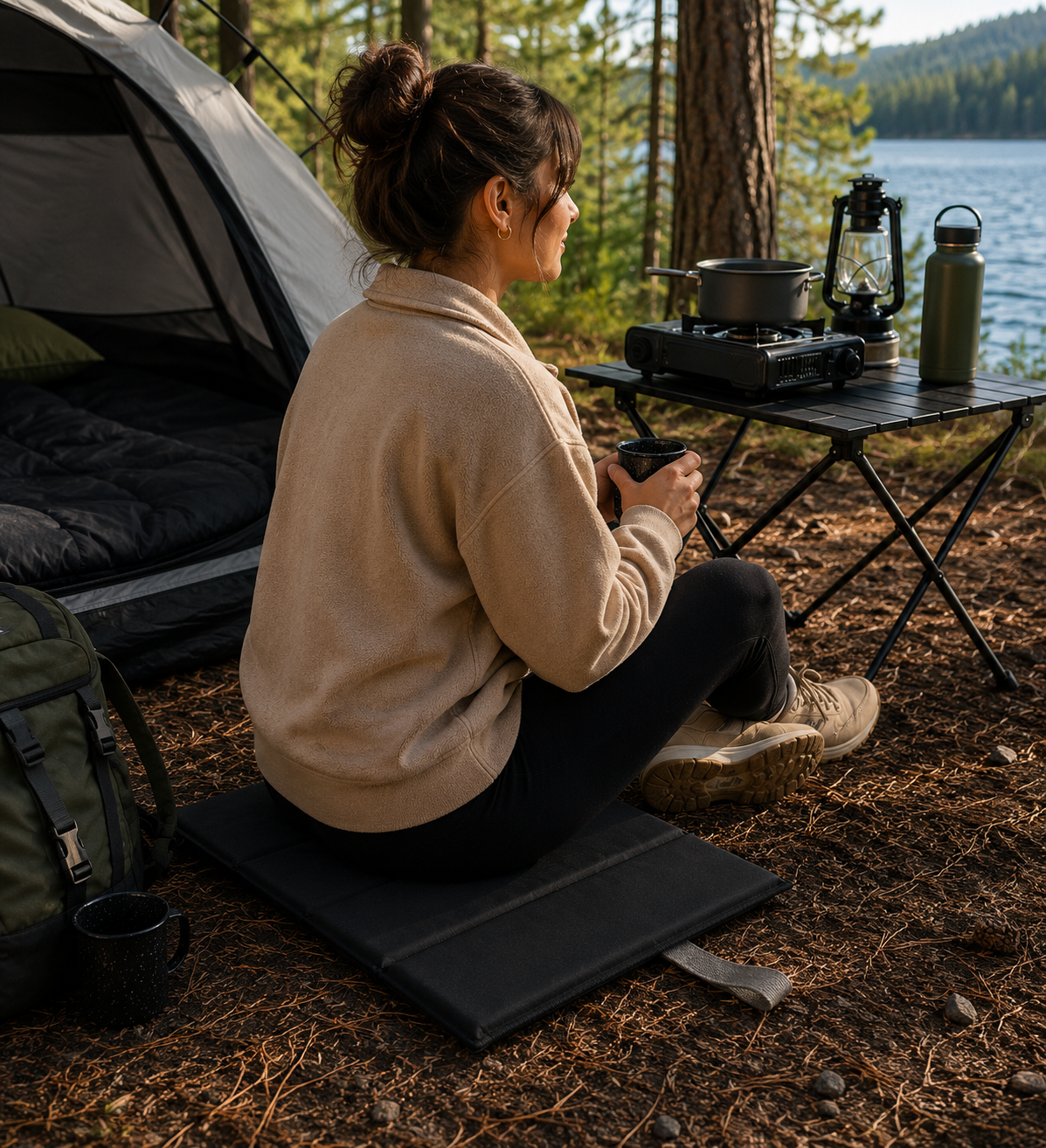Black Foldable waterproof camping sit mat with padded cushioning and an elastic carry strap for easy outdoor transport.