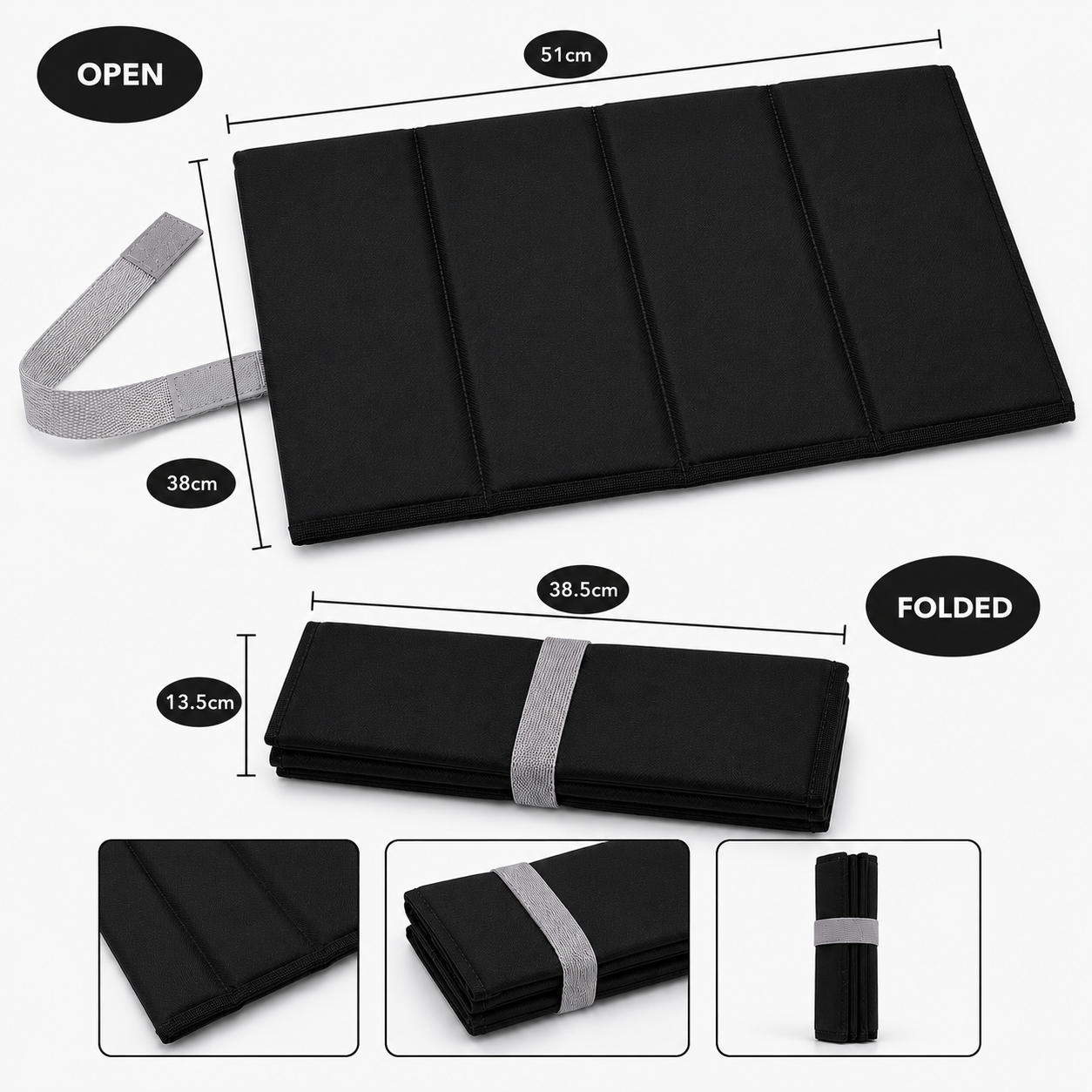 Black Large Foldable waterproof camping sit mat with padded cushioning and an elastic carry strap for easy outdoor transport.