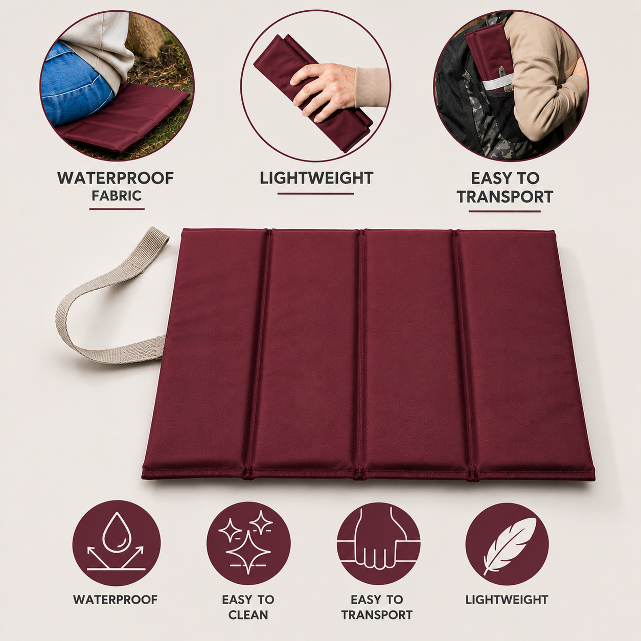 Burgundy Foldable waterproof camping sit mat with padded cushioning and an elastic carry strap for easy outdoor transport.