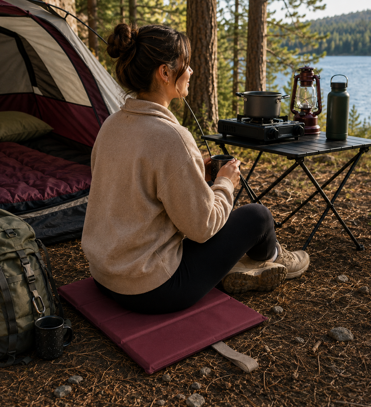 Burgundy Foldable waterproof camping sit mat with padded cushioning and an elastic carry strap for easy outdoor transport.