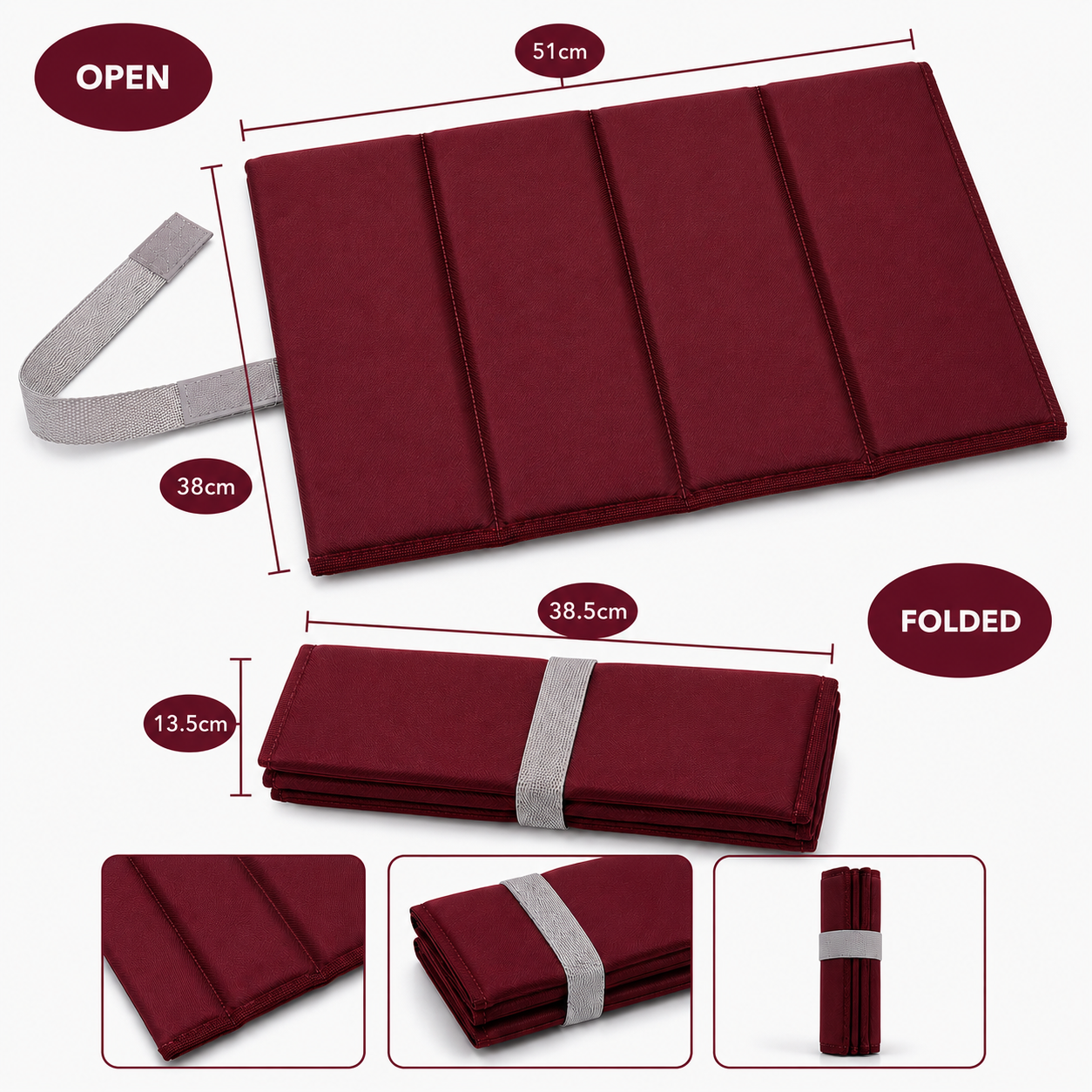 Burgundy Large Foldable waterproof camping sit mat with padded cushioning and an elastic carry strap for easy outdoor transport.