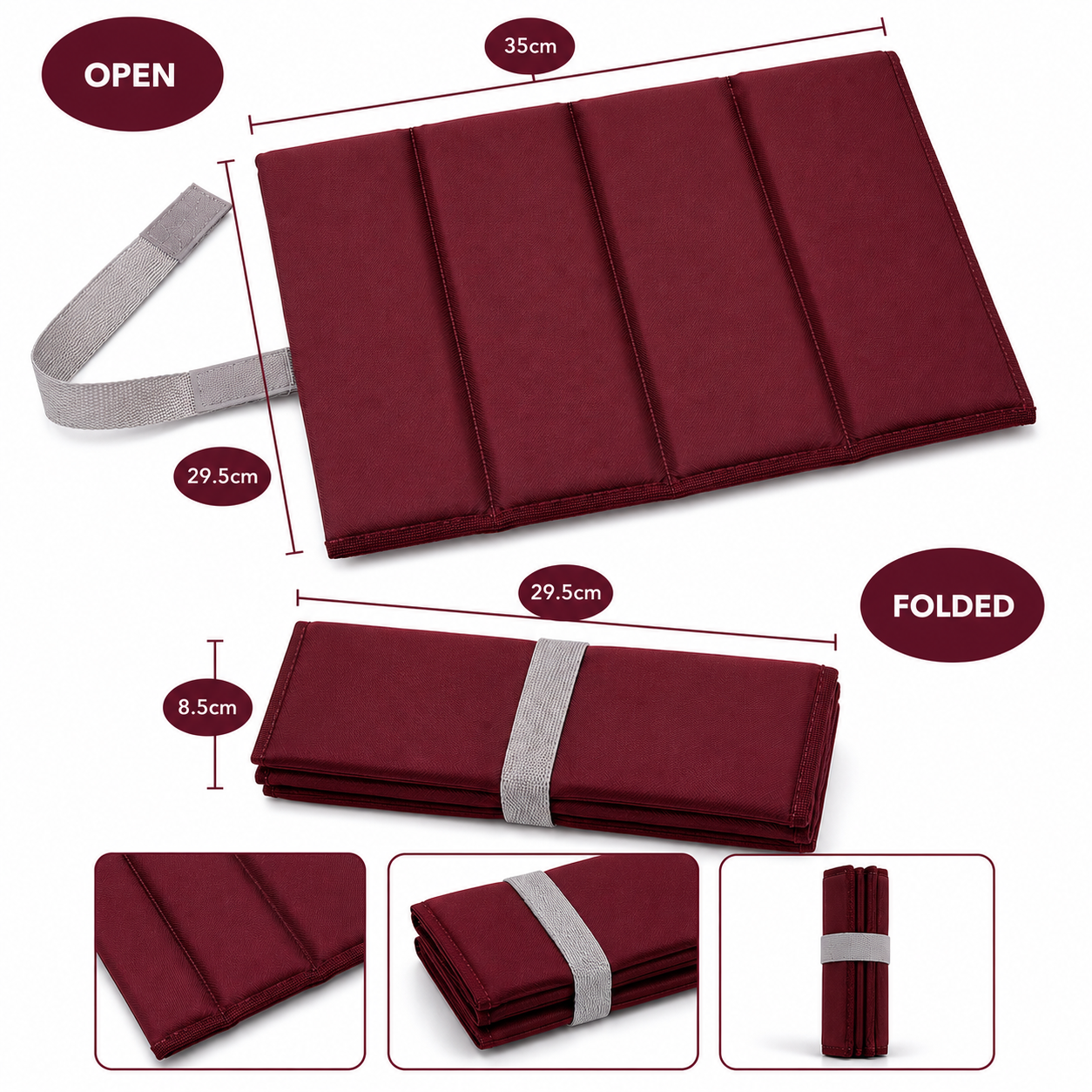 Burgundy Standard Foldable waterproof camping sit mat with padded cushioning and an elastic carry strap for easy outdoor transport.