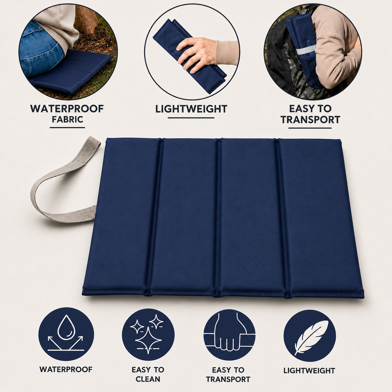 Navy Foldable waterproof camping sit mat with padded cushioning and an elastic carry strap for easy outdoor transport.